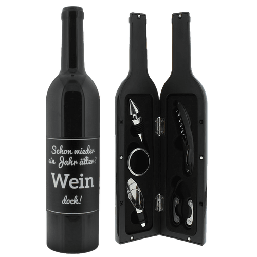 Aufklappbare Weinflasche mit Weinzubehör 