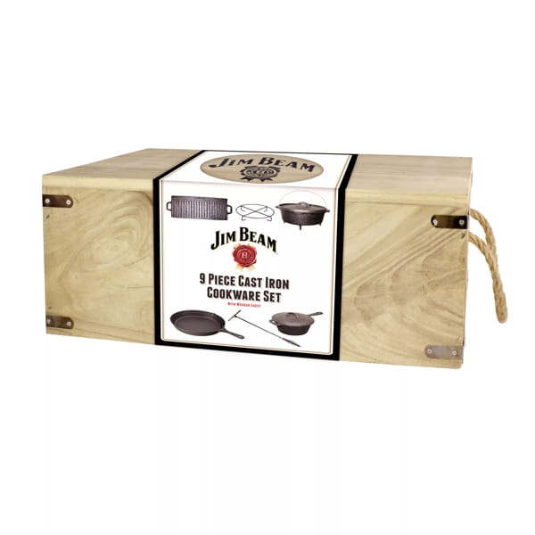 Laden Sie das Bild in Galerie -Viewer, 9-teiliges gusseisernes Jim Beam Kochset in Holztruhe Artikelbild 2