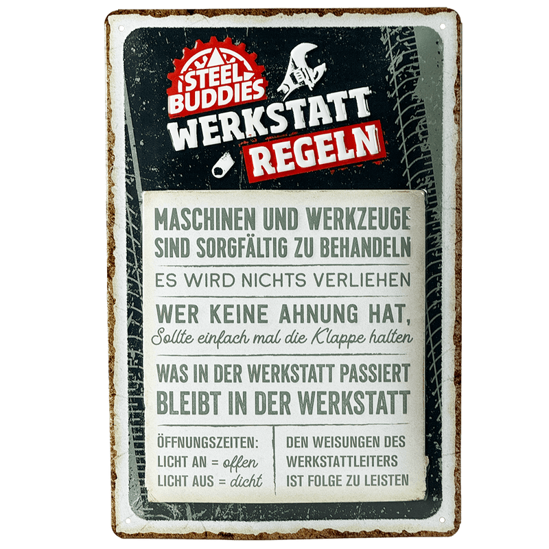 Laden Sie das Bild in Galerie -Viewer, Steel Buddies Blechschild "Werkstattregeln" Artikelbild 1