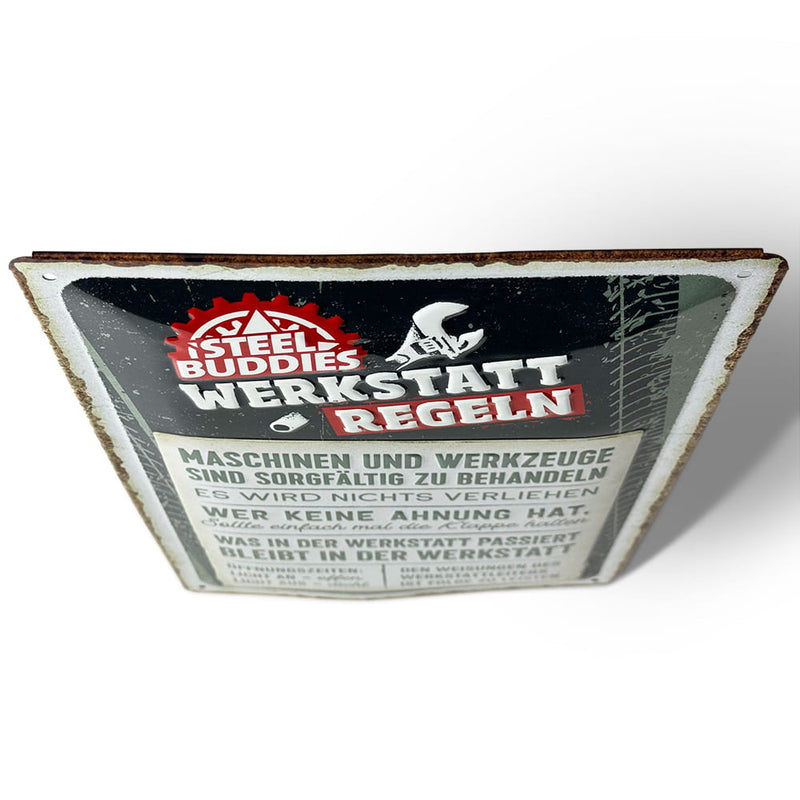 Laden Sie das Bild in Galerie -Viewer, Steel Buddies Blechschild "Werkstattregeln" Artikelbild 2